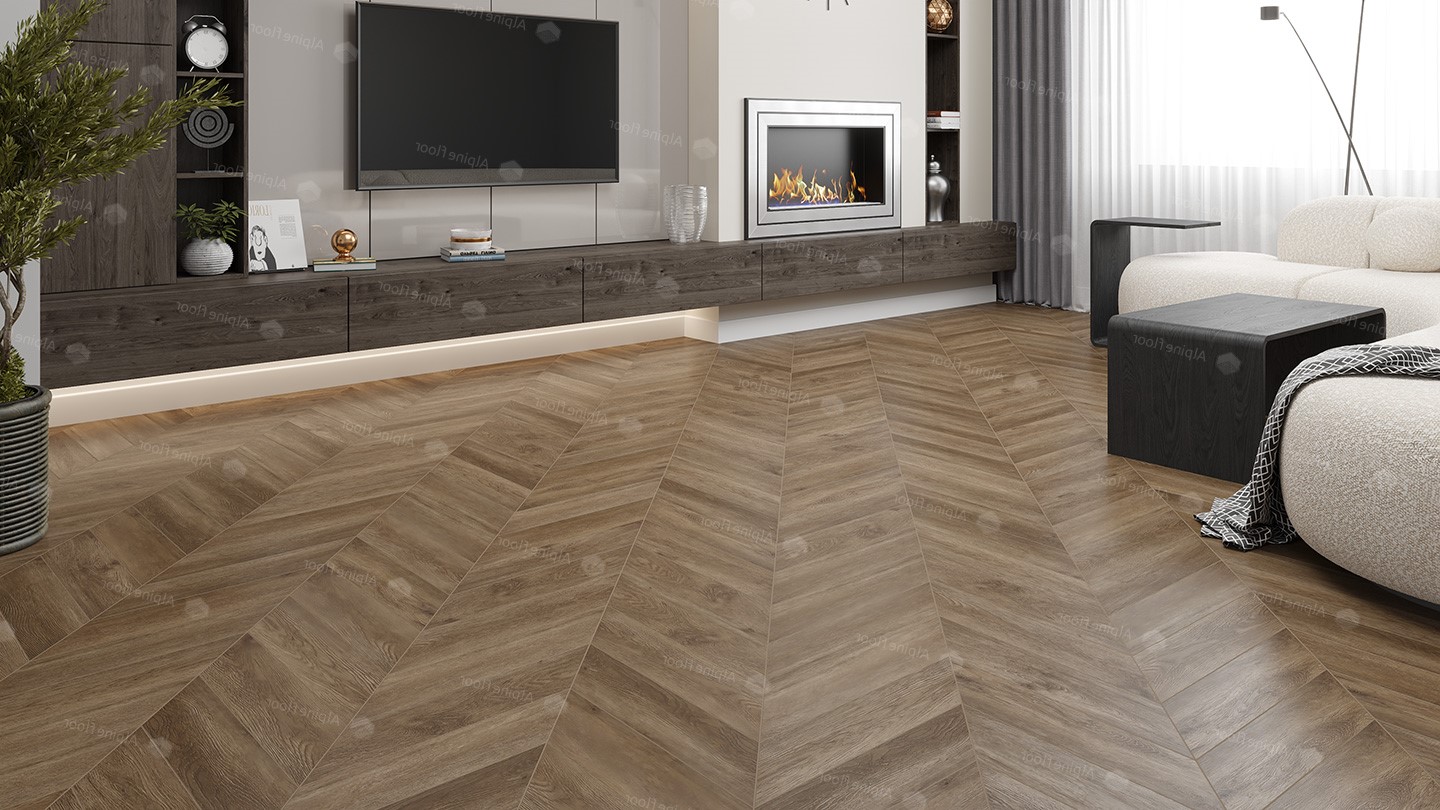 Кварцвиниловый SPC ламинат Alpine Floor Chevron Alpine Макадамия ECO 18-5 французская елка 600×127×5 фото в интерьере