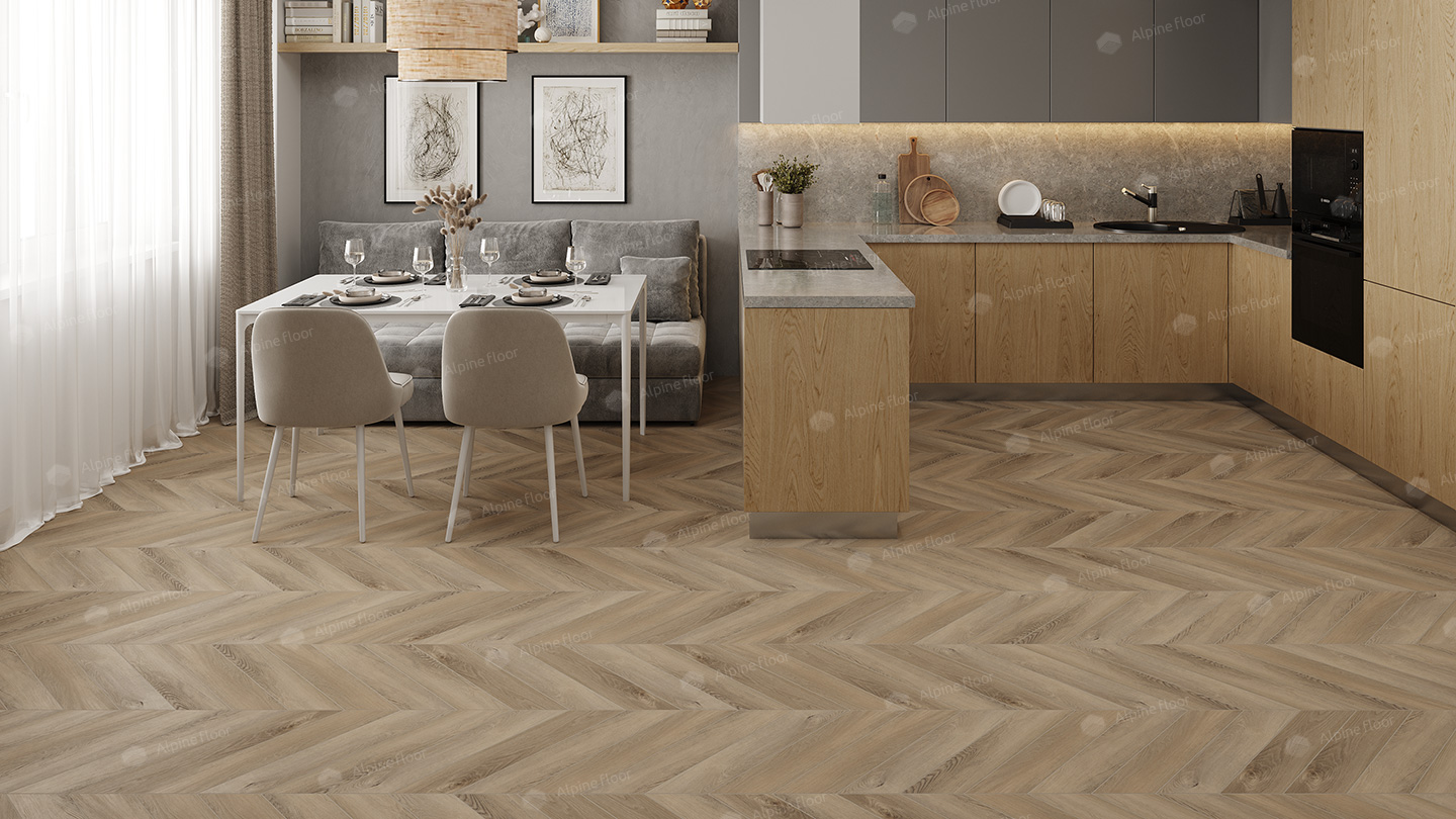 Кварцвиниловый SPC ламинат Alpine Floor Chevron Alpine Дуб Синистра ECO 18-6 французская елка 600×127×5 фото в интерьере