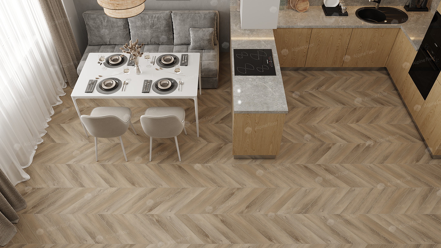 Кварцвиниловый SPC ламинат Alpine Floor Chevron Alpine Дуб Синистра ECO 18-6 французская елка 600×127×5 фото в интерьере
