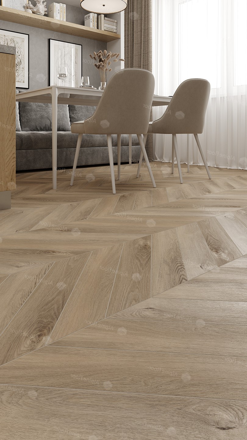 Кварцвиниловый SPC ламинат Alpine Floor Chevron Alpine Дуб Синистра ECO 18-6 французская елка 600×127×5 фото в интерьере