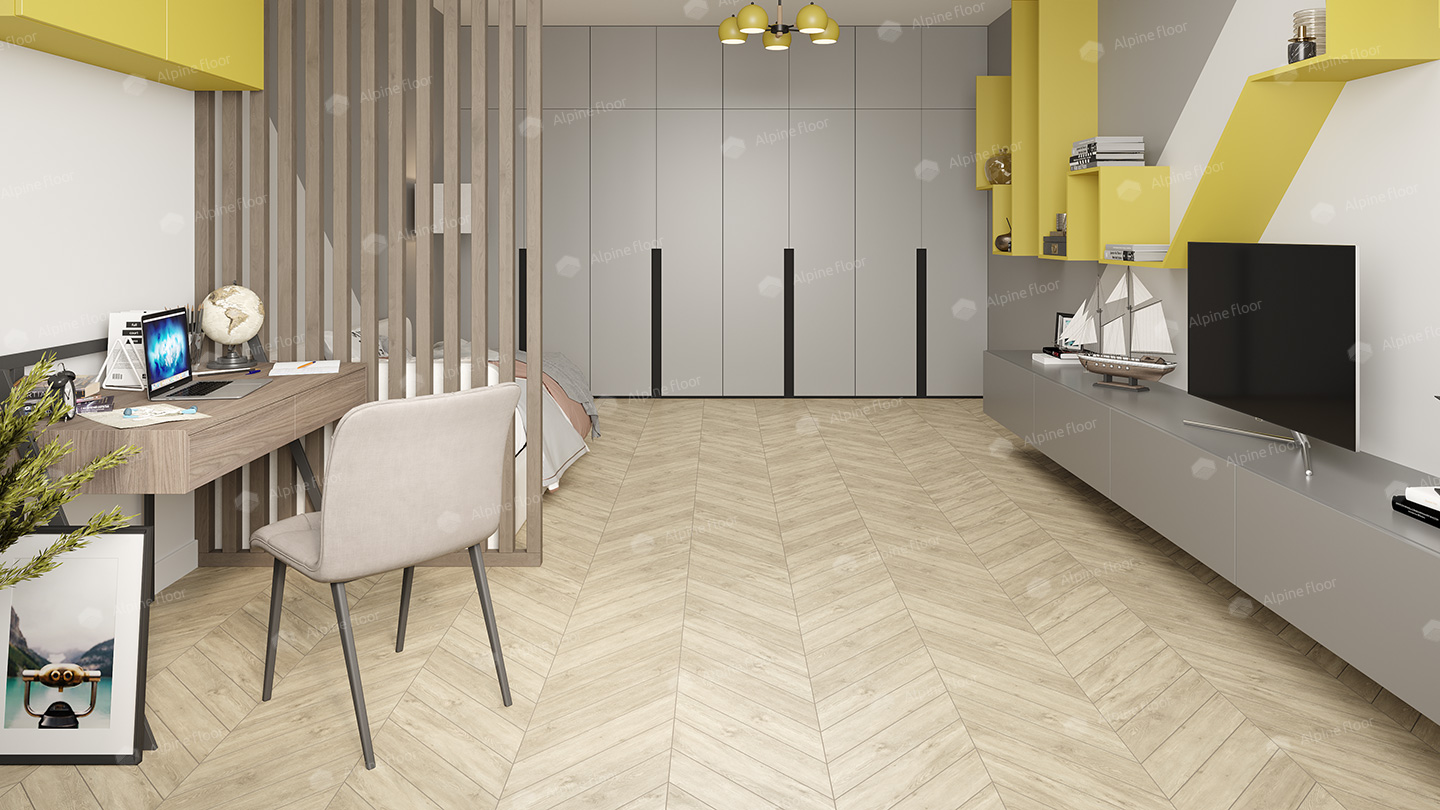 Кварцвиниловый SPC ламинат Alpine Floor Chevron Alpine Сонома ECO 18-7 французская елка 600×127×5 фото в интерьере