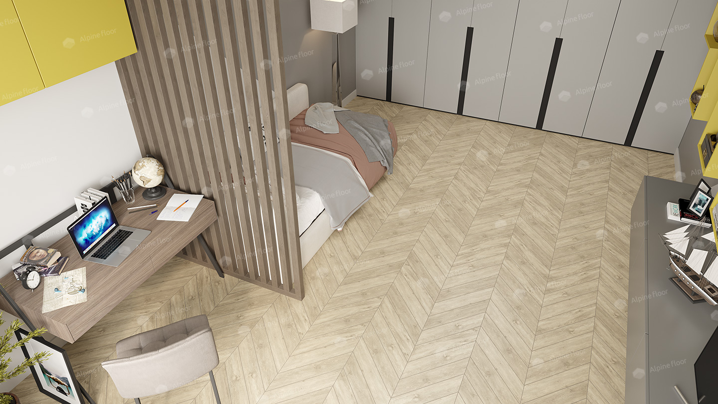 Кварцвиниловый SPC ламинат Alpine Floor Chevron Alpine Сонома ECO 18-7 французская елка 600×127×5 фото в интерьере