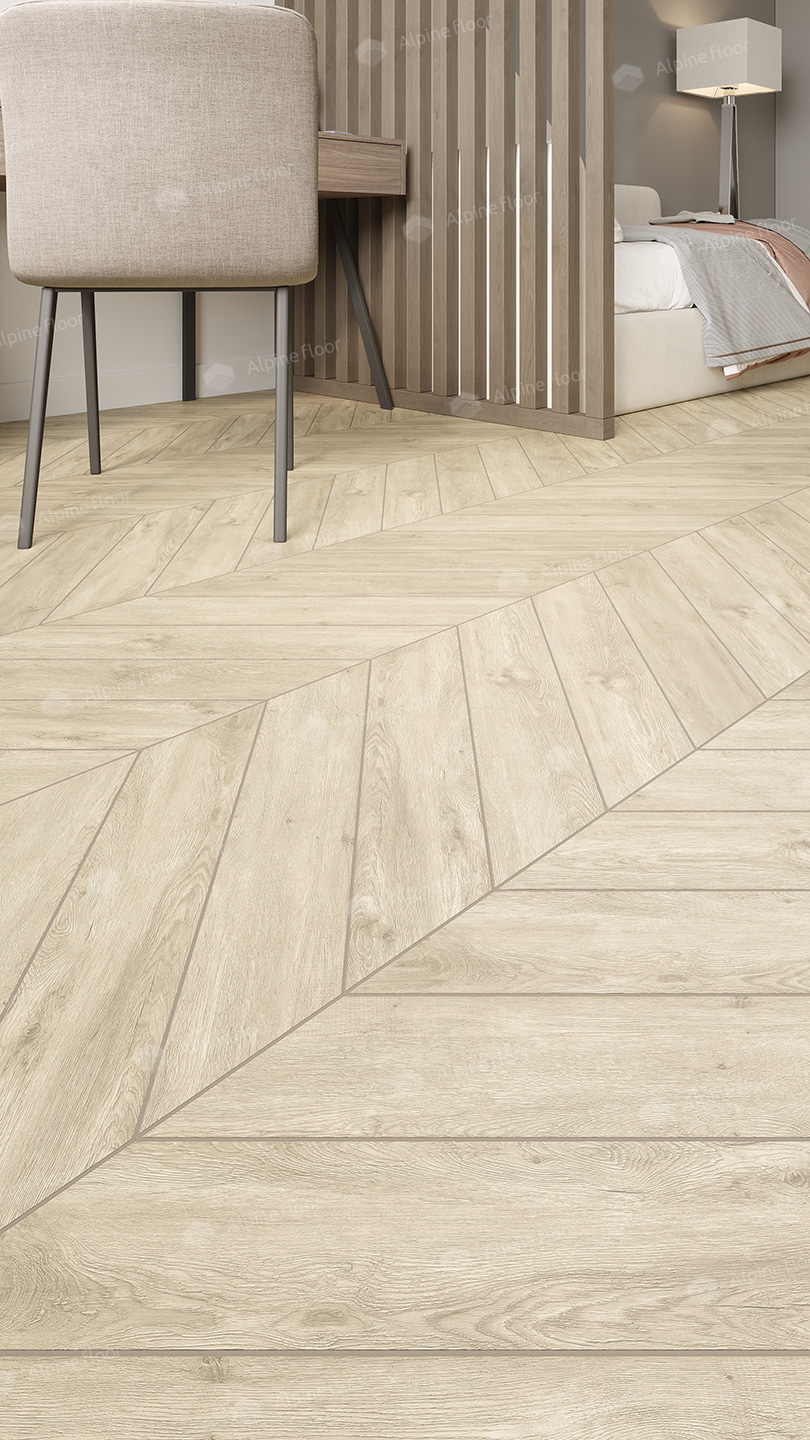 Кварцвиниловый SPC ламинат Alpine Floor Chevron Alpine Сонома ECO 18-7 французская елка 600×127×5 фото в интерьере