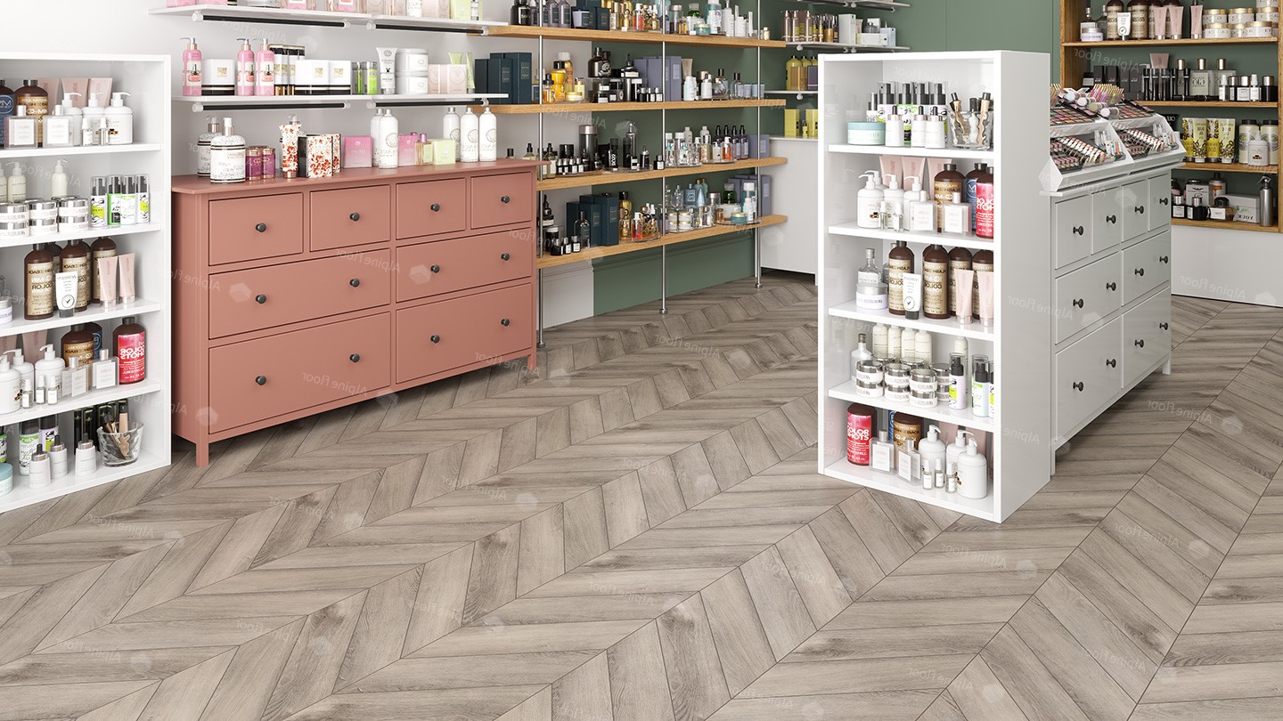 Кварцвиниловый SPC ламинат Alpine Floor Chevron Alpine Дуб Исида ECO 18-8 французская елка 600×127×5 фото в интерьере
