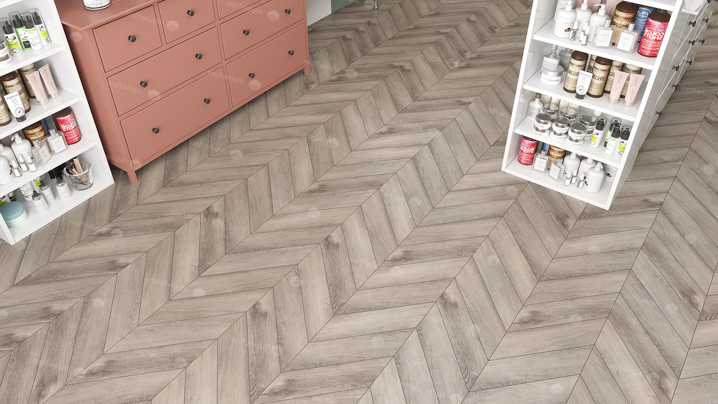 Кварцвиниловый SPC ламинат Alpine Floor Chevron Alpine Дуб Исида ECO 18-8 французская елка 600×127×5 фото в интерьере