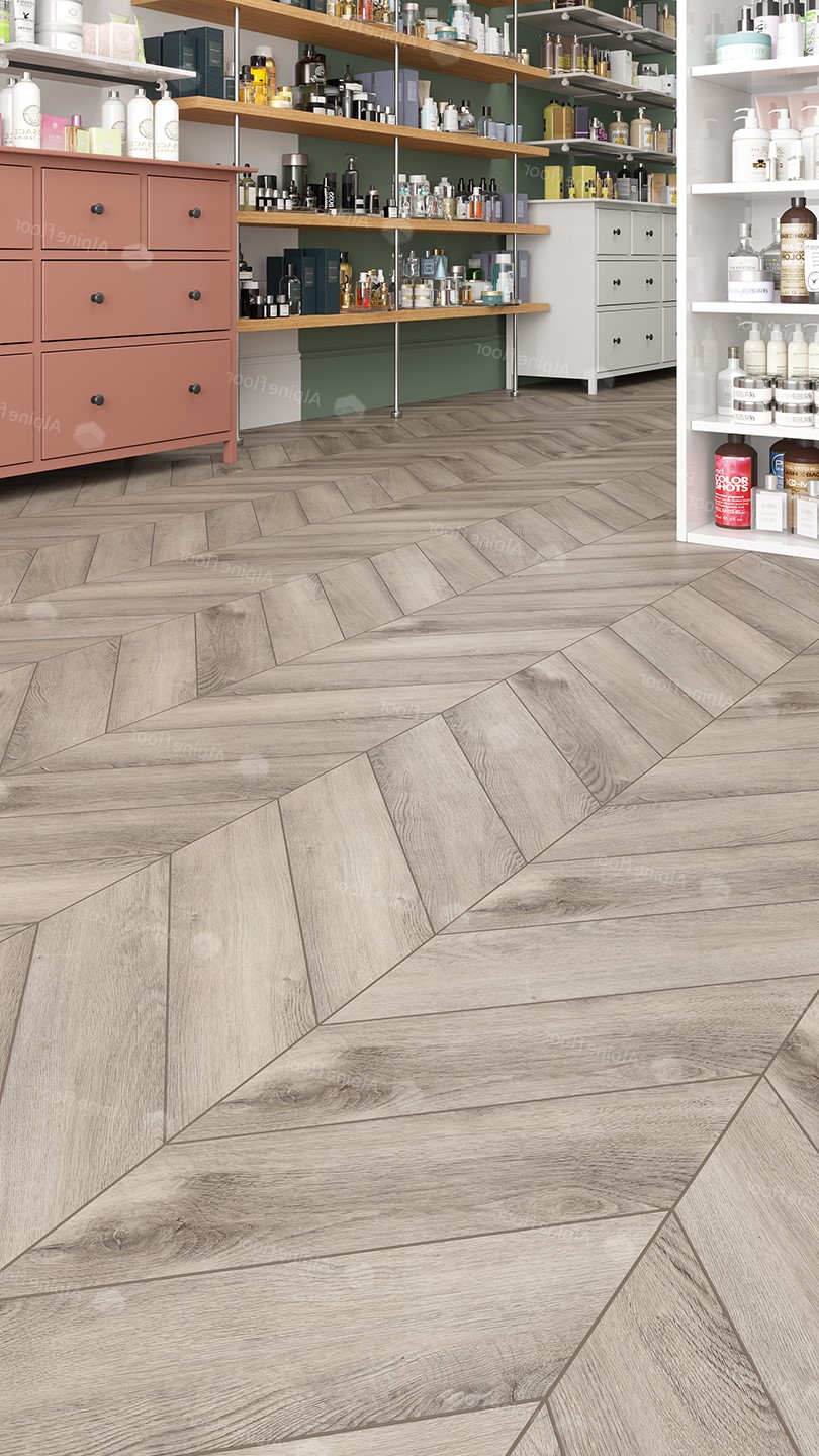 Кварцвиниловый SPC ламинат Alpine Floor Chevron Alpine Дуб Исида ECO 18-8 французская елка 600×127×5 фото в интерьере