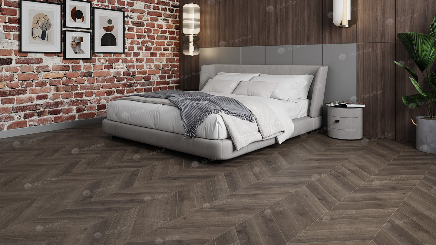 Кварцвиниловый SPC ламинат Alpine Floor Chevron Alpine Дуб Антарес ECO 18-9 французская елка 600×127×5 фото в интерьере