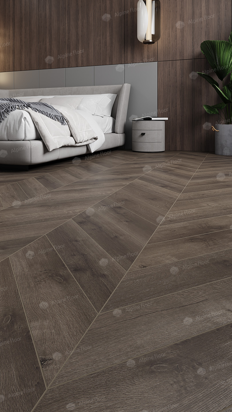 Кварцвиниловый SPC ламинат Alpine Floor Chevron Alpine Дуб Антарес ECO 18-9 французская елка 600×127×5 фото в интерьере
