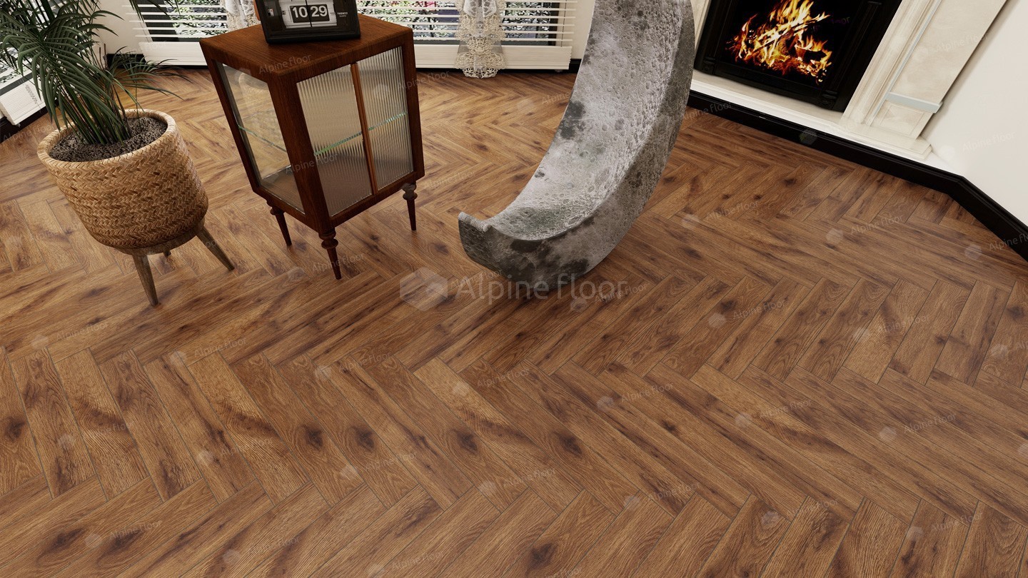 Ламинат Alpine Floor Herringbone 12 Дуб Умбрия LF105-11 венгерская елка 600×100×12 фото в интерьере