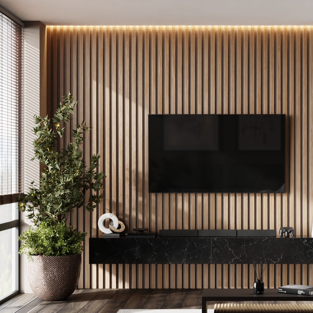 Рейка декоративная Ликорн Дуб янтарный натуральный 2800×40×16 фото в интерьере