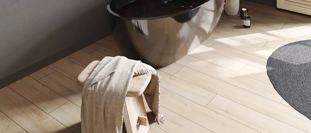 Ламинат Egger Pro Classic 8/33 Aqua+ Дуб Валенди песочный EPL213 1292×193×8 фото в интерьере