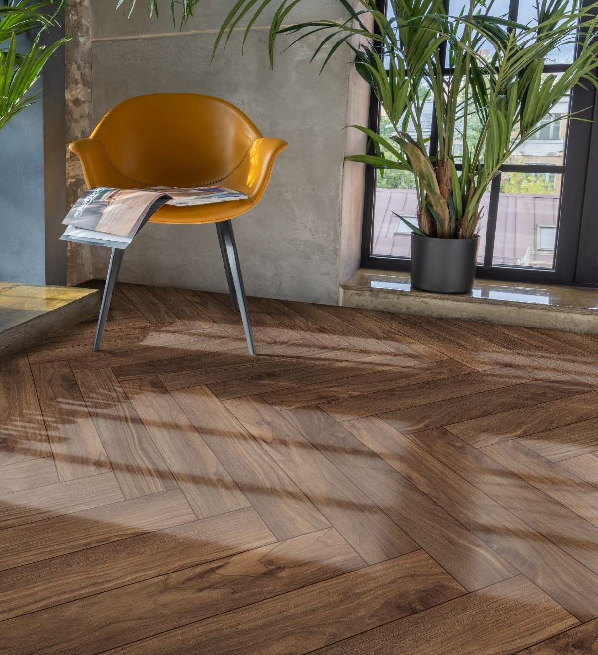 Кварцвиниловый SPC ламинат Aquafloor Parquet Plus AF6024PQN+ венгерская елка 720×120×7 фото в интерьере