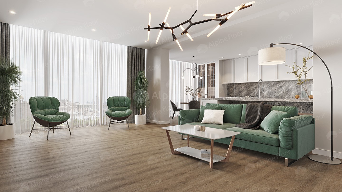 Кварцвиниловый SPC ламинат Alpine Floor Solo Plus Ларгетто ECO 14-301 1220×183×4 фото в интерьере