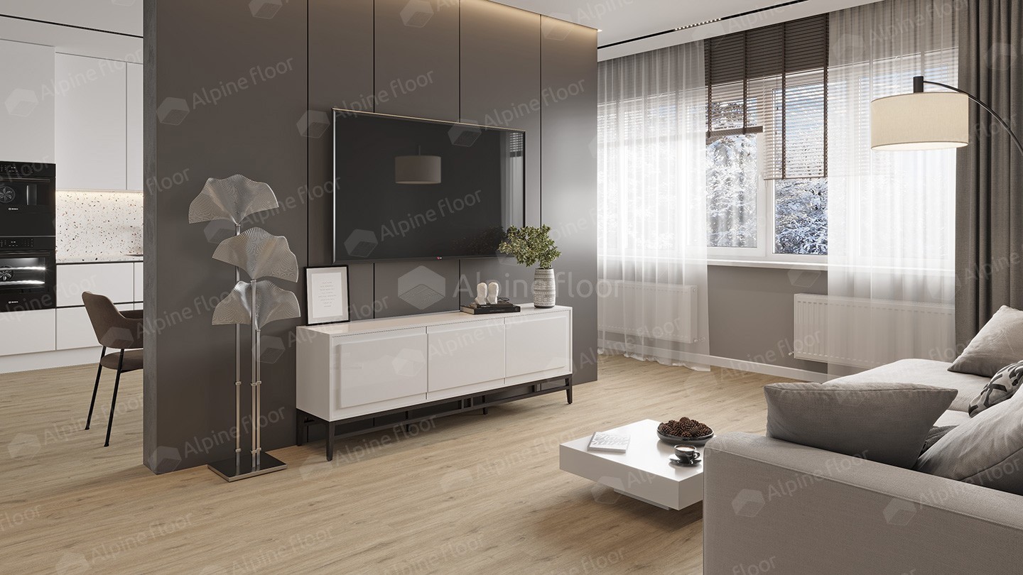 Кварцвиниловый SPC ламинат Alpine Floor Solo Plus Анданте ECO 14-1001 1220×183×4 фото в интерьере