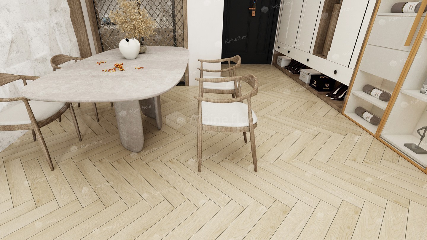 Ламинат Alpine Floor Herringbone 12 Дуб Сардиния LF105-02 венгерская елка 600×100×12 фото в интерьере