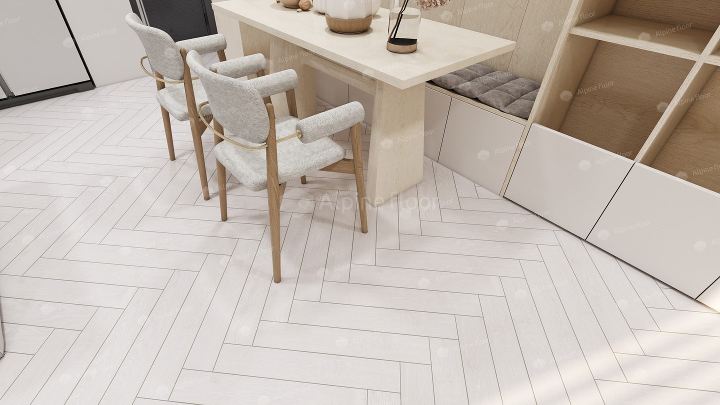 Ламинат Alpine Floor Herringbone 12 Дуб Апулия LF105-01 венгерская елка 600×100×12 фото в интерьере