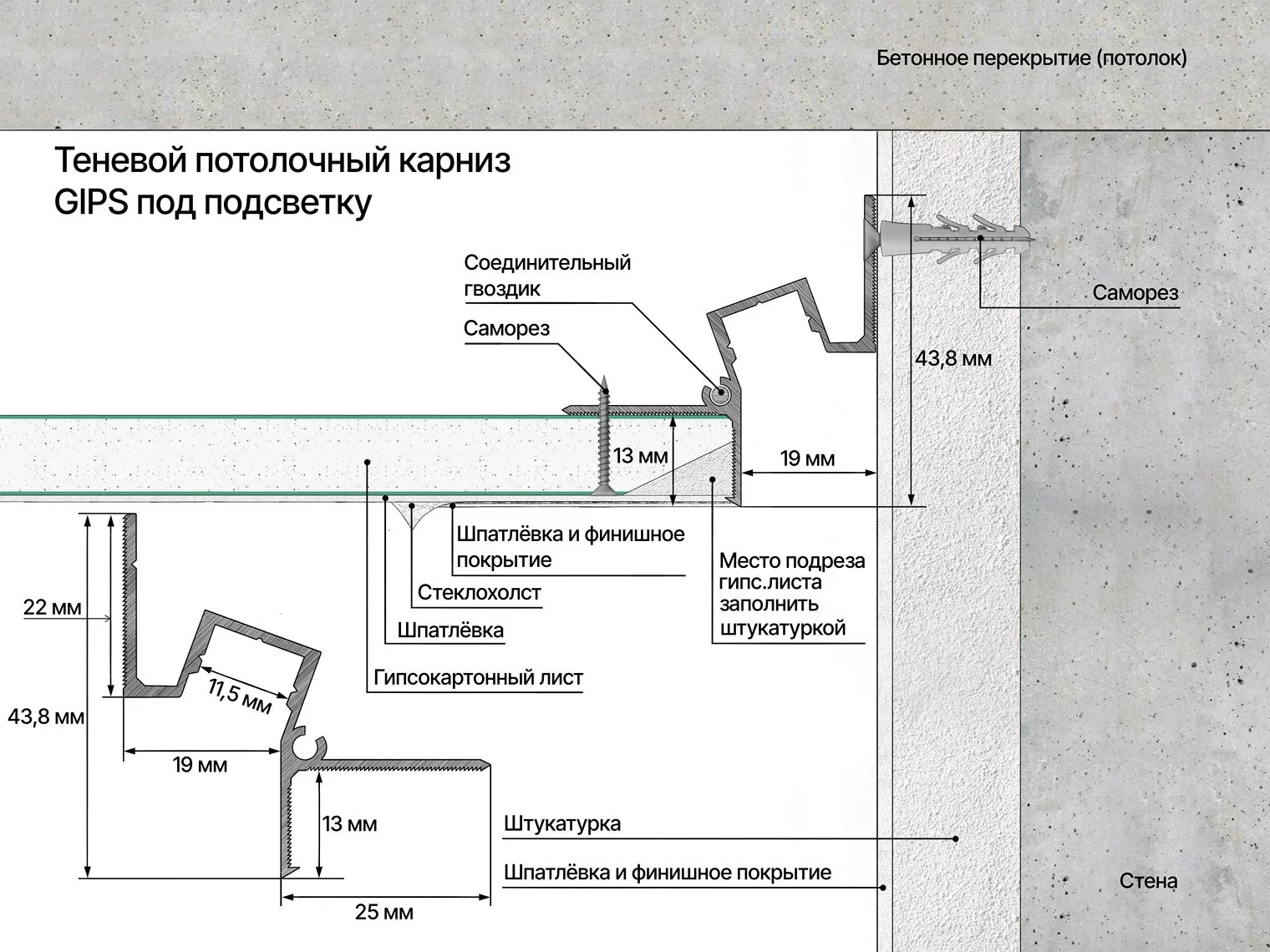 Профиль алюминиевый теневой с подсветкой Laconistiq Gips Черный RAL 9005 51-21-300 матовый 3000×43,8×44,1