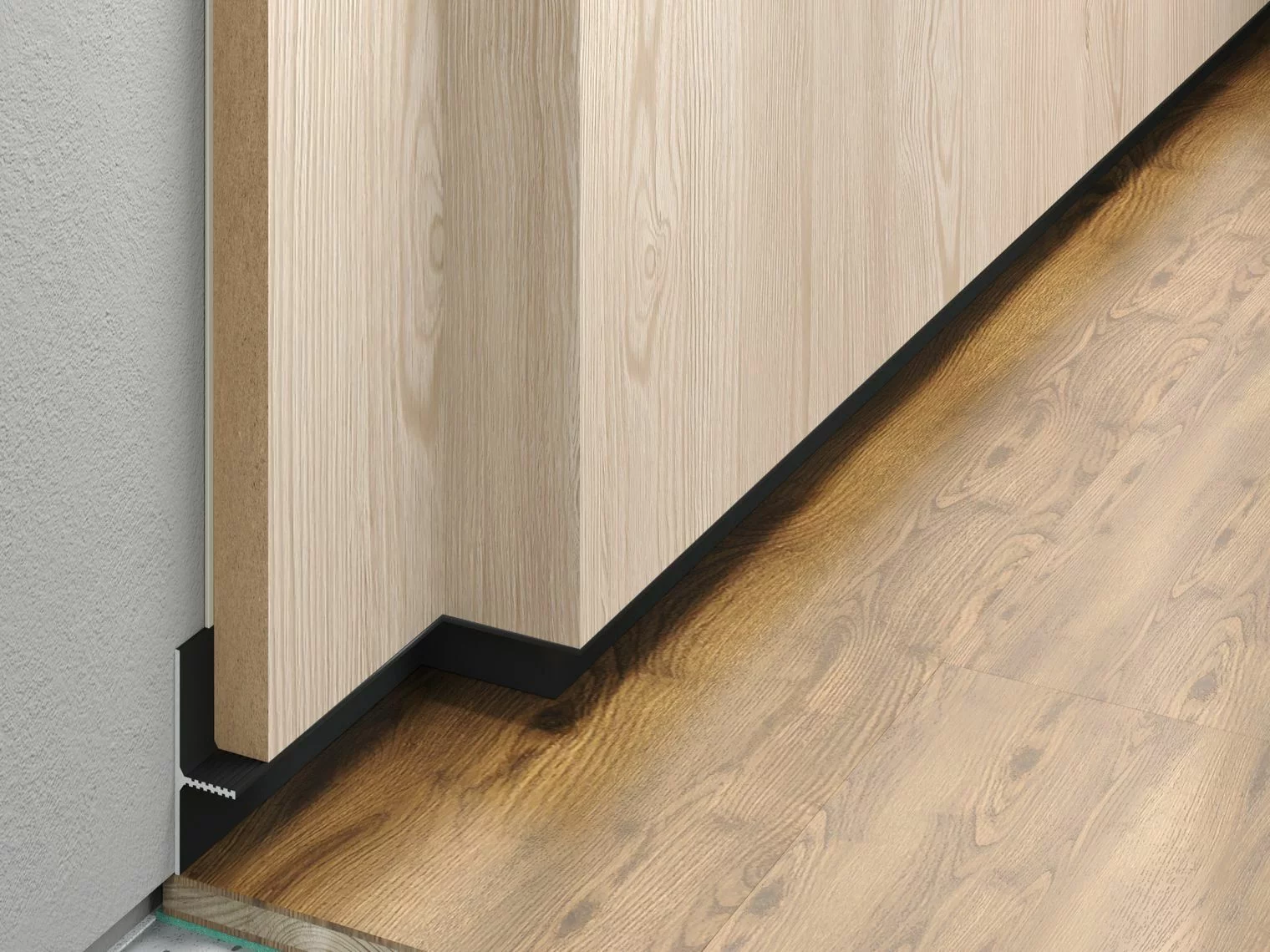 Плинтус алюминиевый теневой Laconistiq Reverse 36 Черный муар RAL 9005 34-31-300 3000×36×16 фото в интерьере