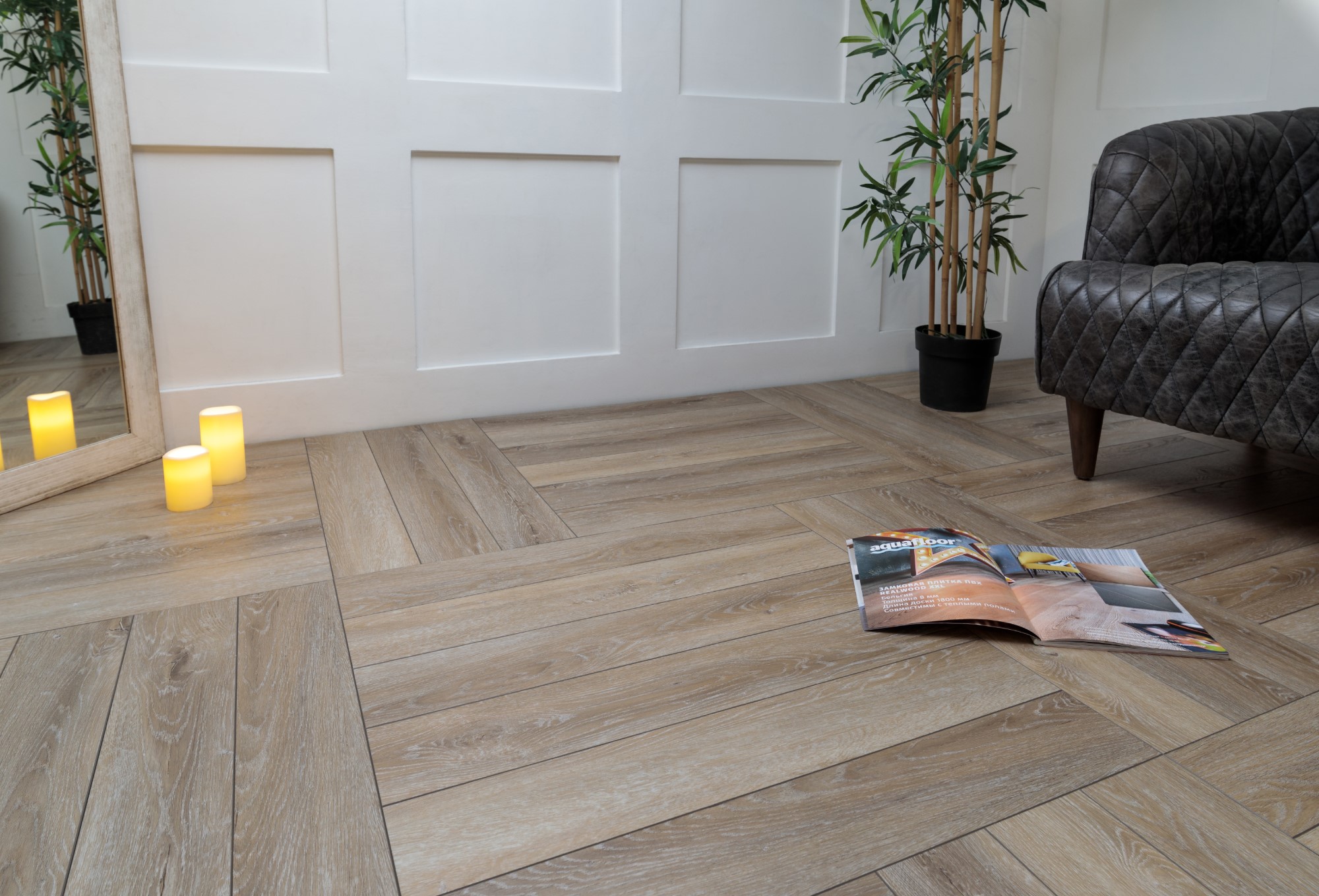 Кварцвиниловый SPC ламинат Aquafloor Parquet Plus AF6018PQ венгерская елка 720×120×7 фото в интерьере