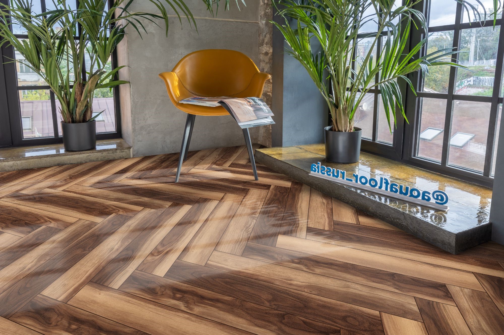 Кварцвиниловый SPC ламинат Aquafloor Parquet Plus AF6021PQN+ венгерская елка 720×120×7 фото в интерьере