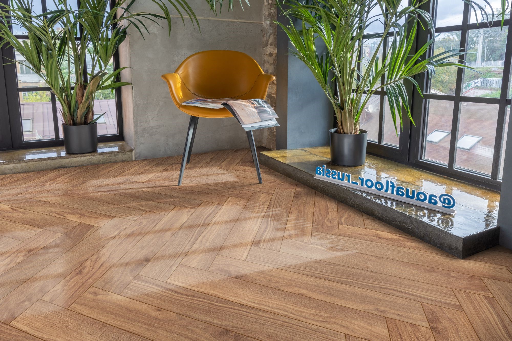 Кварцвиниловый SPC ламинат Aquafloor Parquet Plus AF6022PQN+ венгерская елка 720×120×7 фото в интерьере