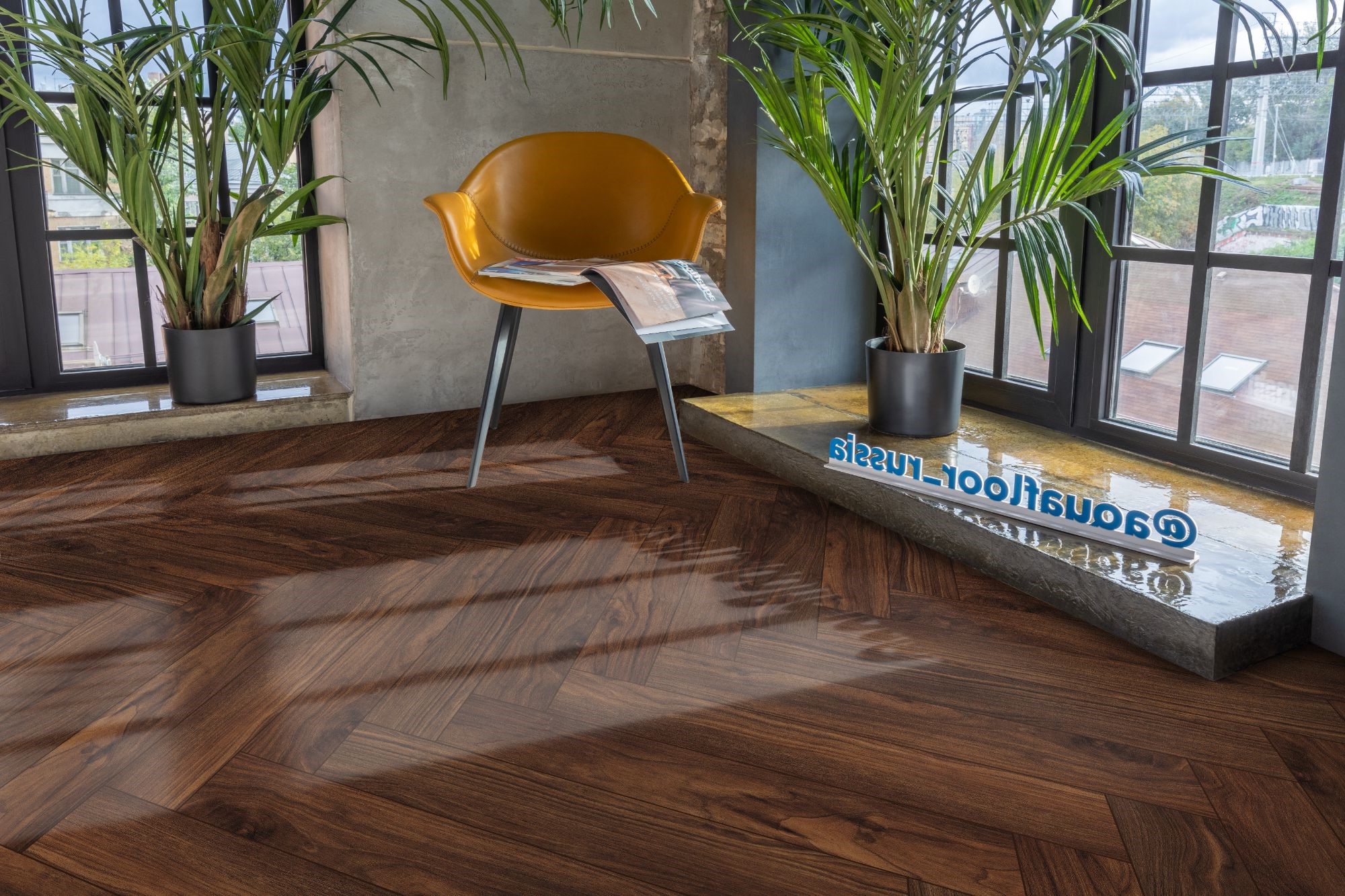 Кварцвиниловый SPC ламинат Aquafloor Parquet Plus AF6025PQN+ венгерская елка 720×120×7 фото в интерьере