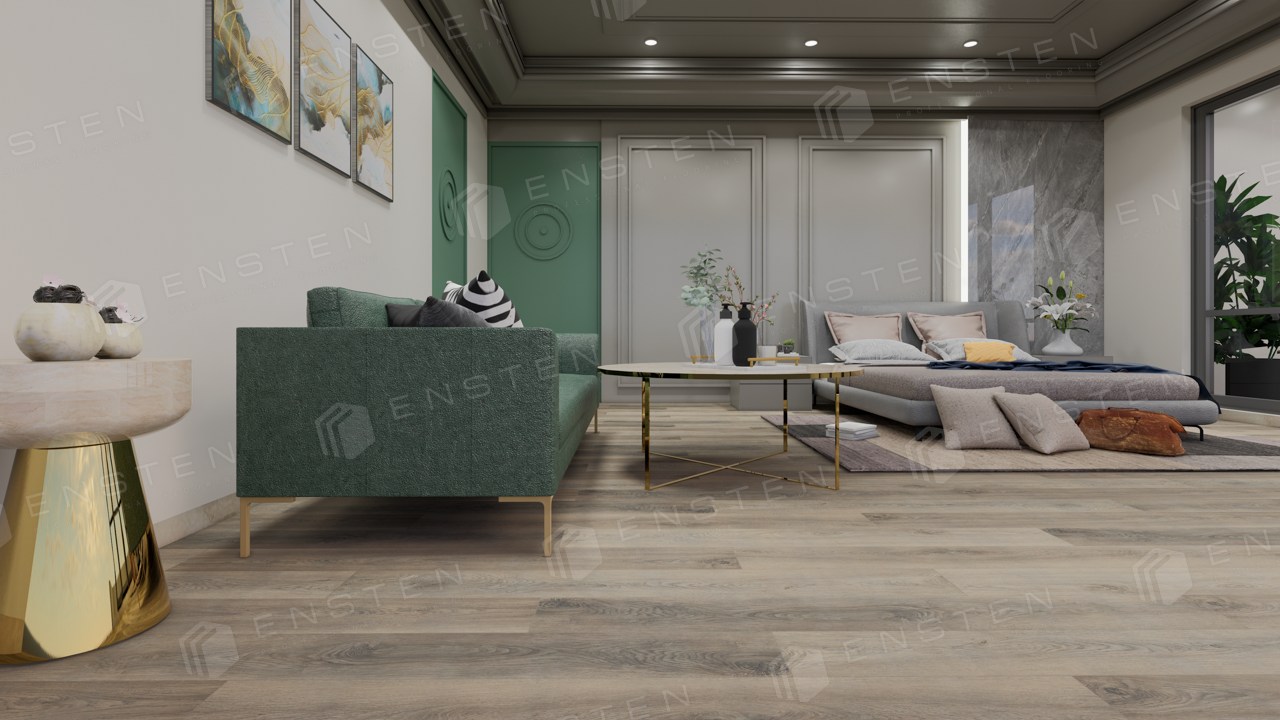 Кварцвиниловый SPC ламинат Ensten Hygge Циния ECO 102-19 1524×180×4 фото в интерьере