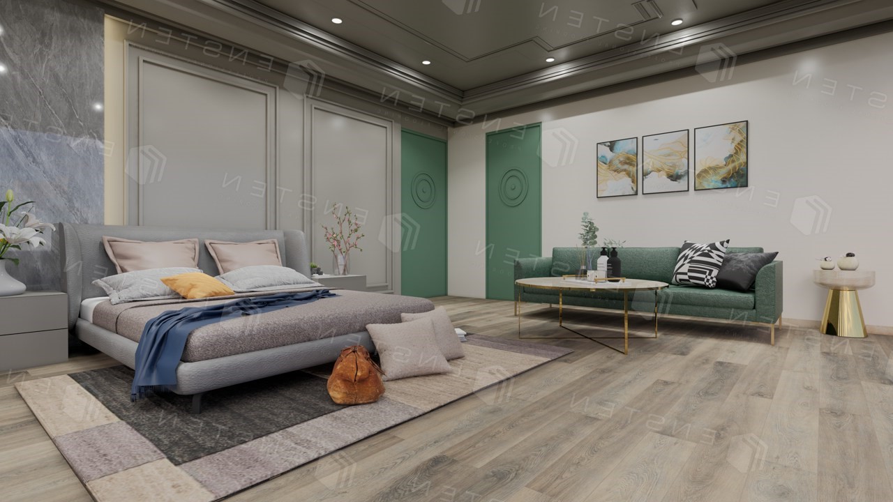 Кварцвиниловый SPC ламинат Ensten Hygge Циния ECO 102-19 1524×180×4 фото в интерьере