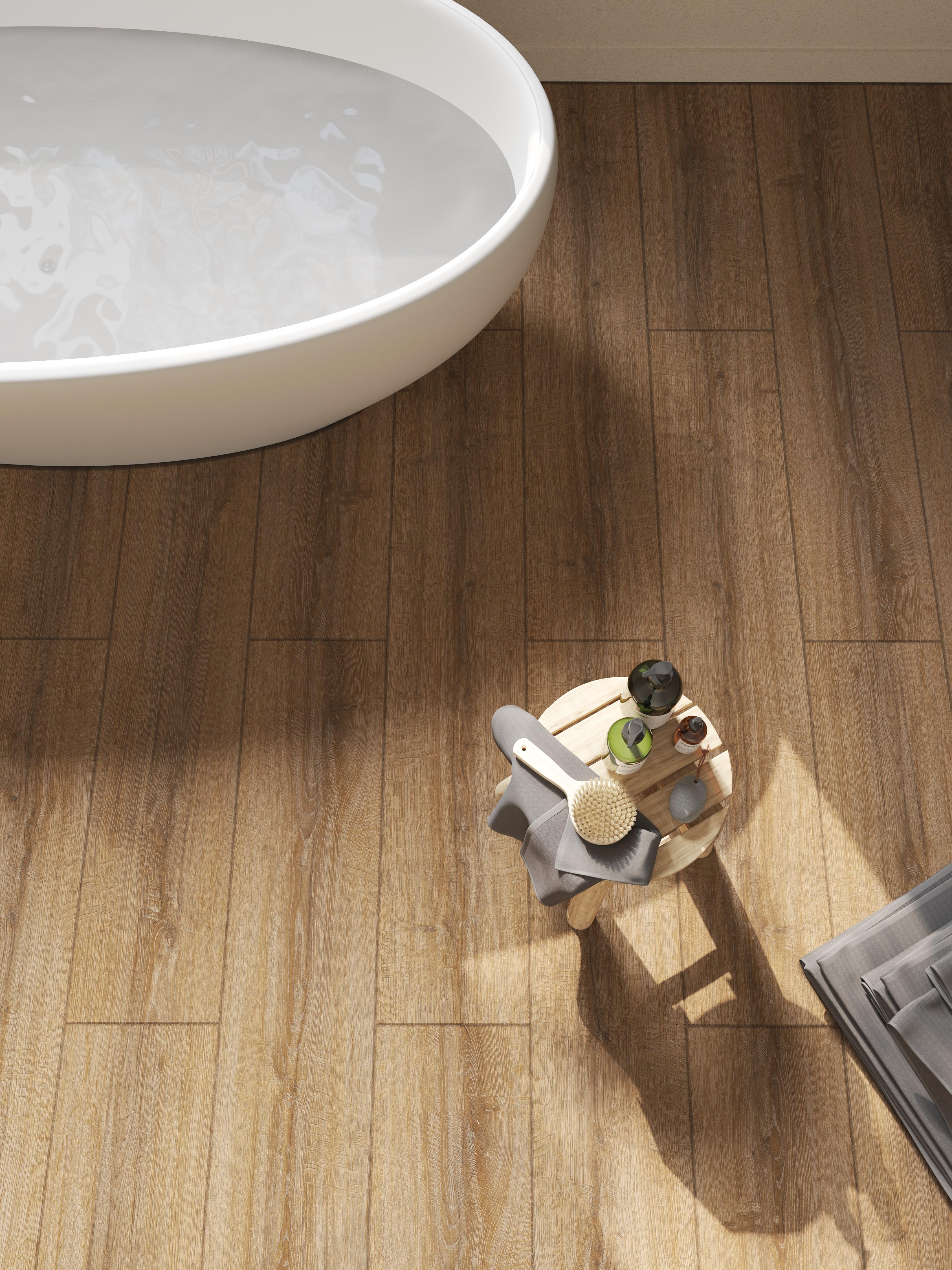 Ламинат Egger Pro Large 8/33 Aqua+ Дуб Шерман коньяк коричневый EPL184 1292×246×8 фото в интерьере