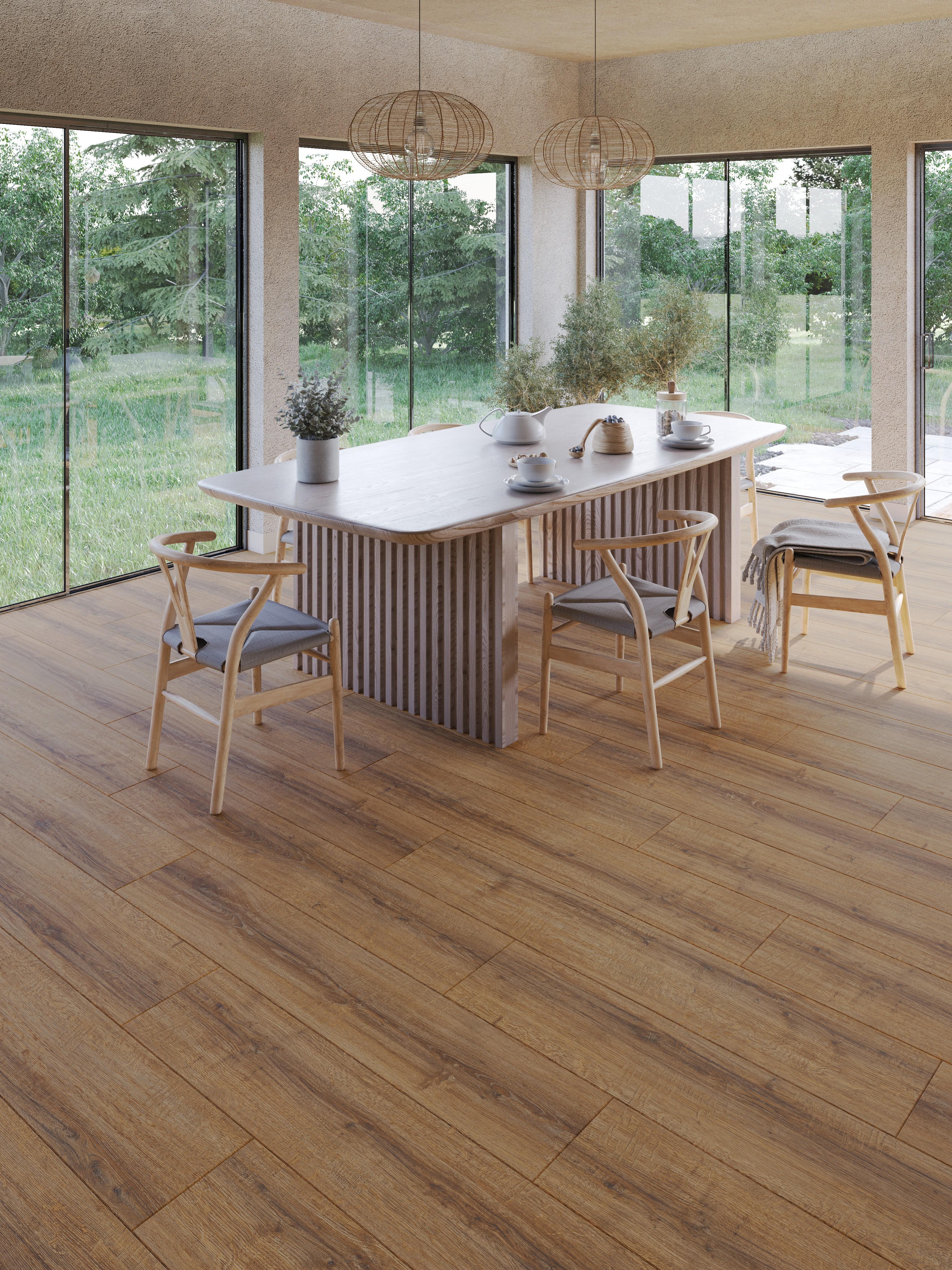 Ламинат Egger Pro Large 8/33 Aqua+ Дуб Шерман коньяк коричневый EPL184 1292×246×8 фото в интерьере