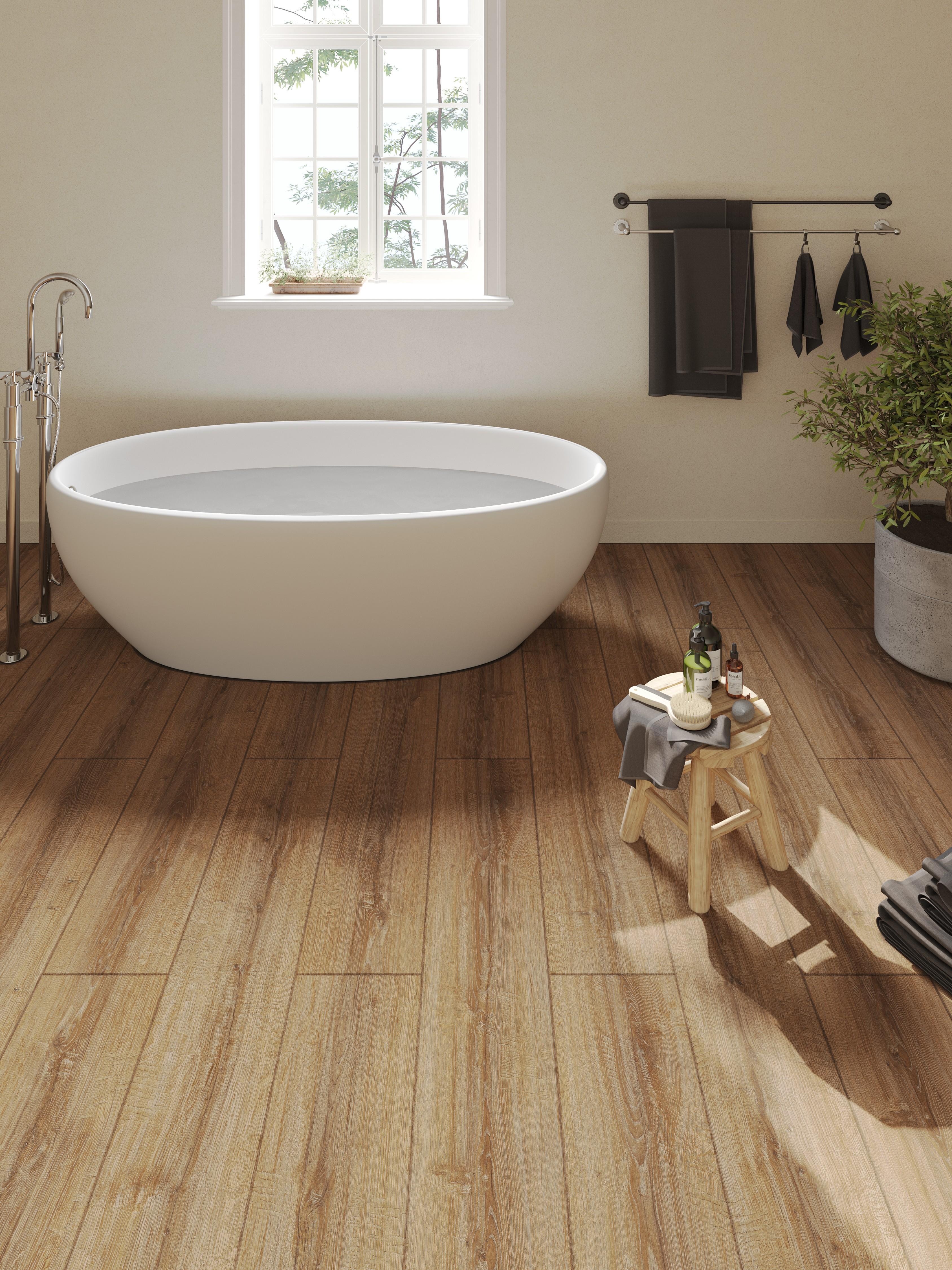 Ламинат Egger Pro Large 8/33 Aqua+ Дуб Шерман коньяк коричневый EPL184 1292×246×8 фото в интерьере