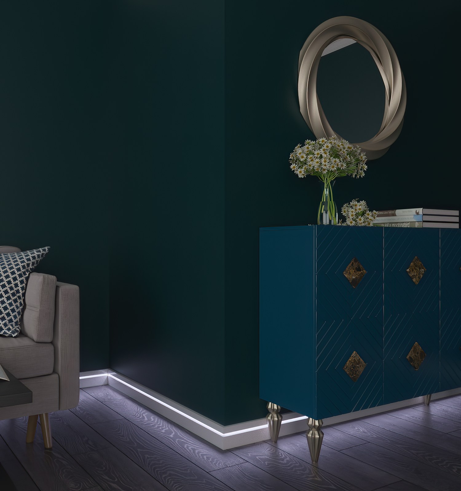 Плинтус МДФ под покраску Evrowood PN 103 Led  с подсветкой 2000×100×16 фото в интерьере