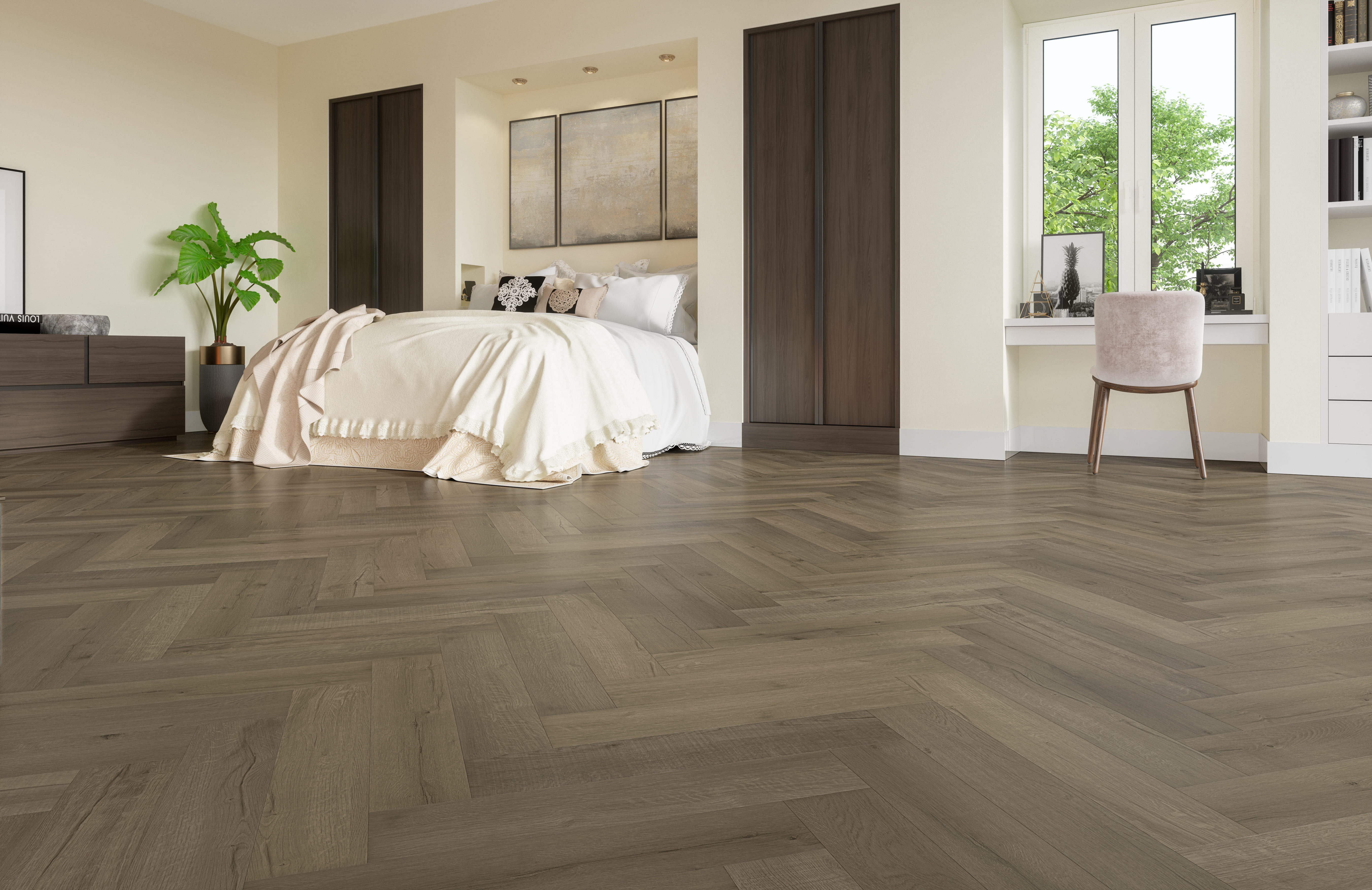 Кварцвиниловый SPC ламинат Fargo Parquet Дуб Марракеш 33-81996-10 венгерская елка 615×123×4 фото в интерьере