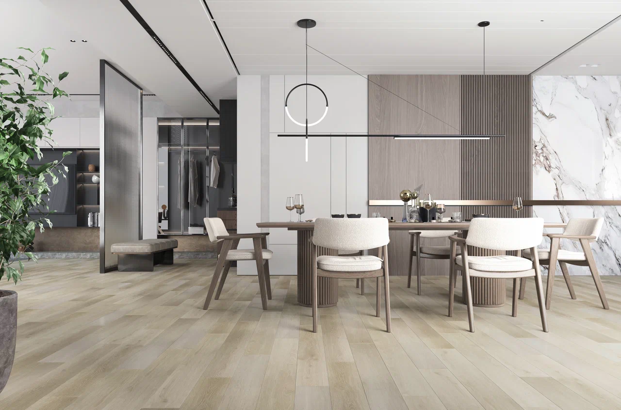 Кварцвиниловый SPC ламинат Fargo Classic Дуб Спелый Миндаль 1166−02 1220×150×3,5 фото в интерьере