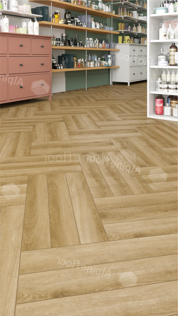 Ламинат Alpine Floor Herringbone 12 PRO New Дуб Эльзас LF106-02 венгерская елка 606×101×12 фото в интерьере