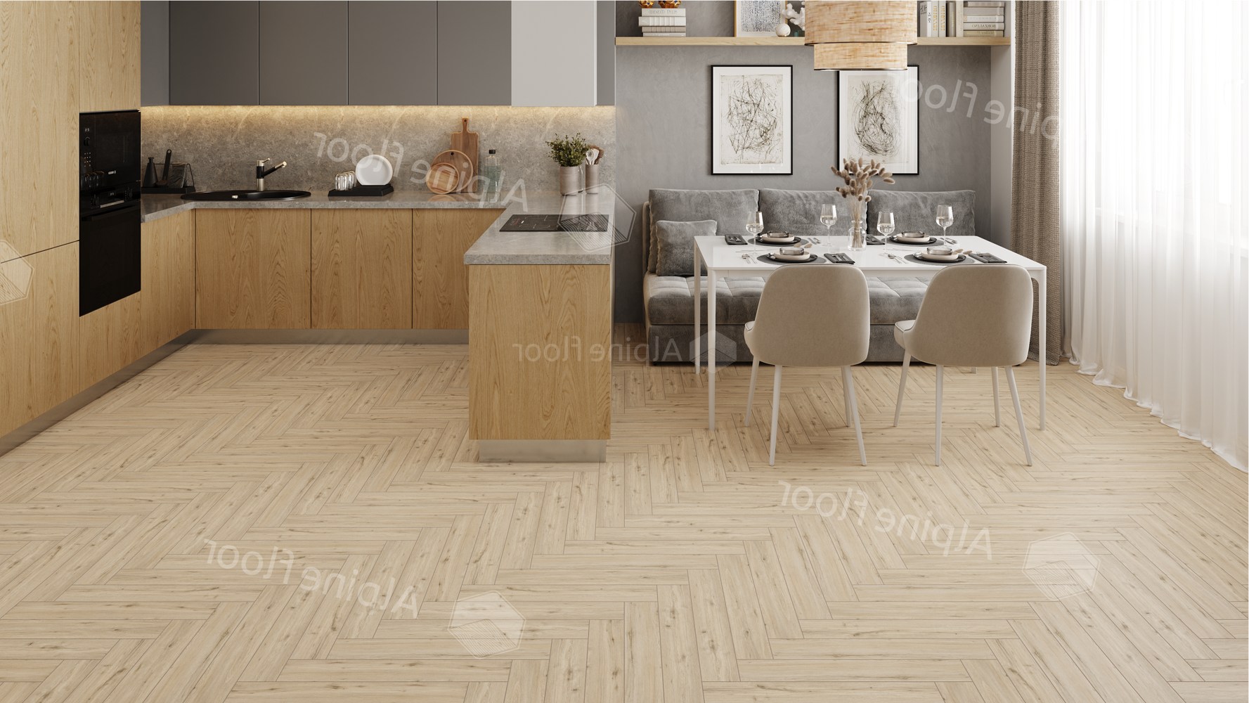 Ламинат Alpine Floor Herringbone 12 PRO Дуб Лион LF106-01 венгерская елка 606×101×12 фото в интерьере