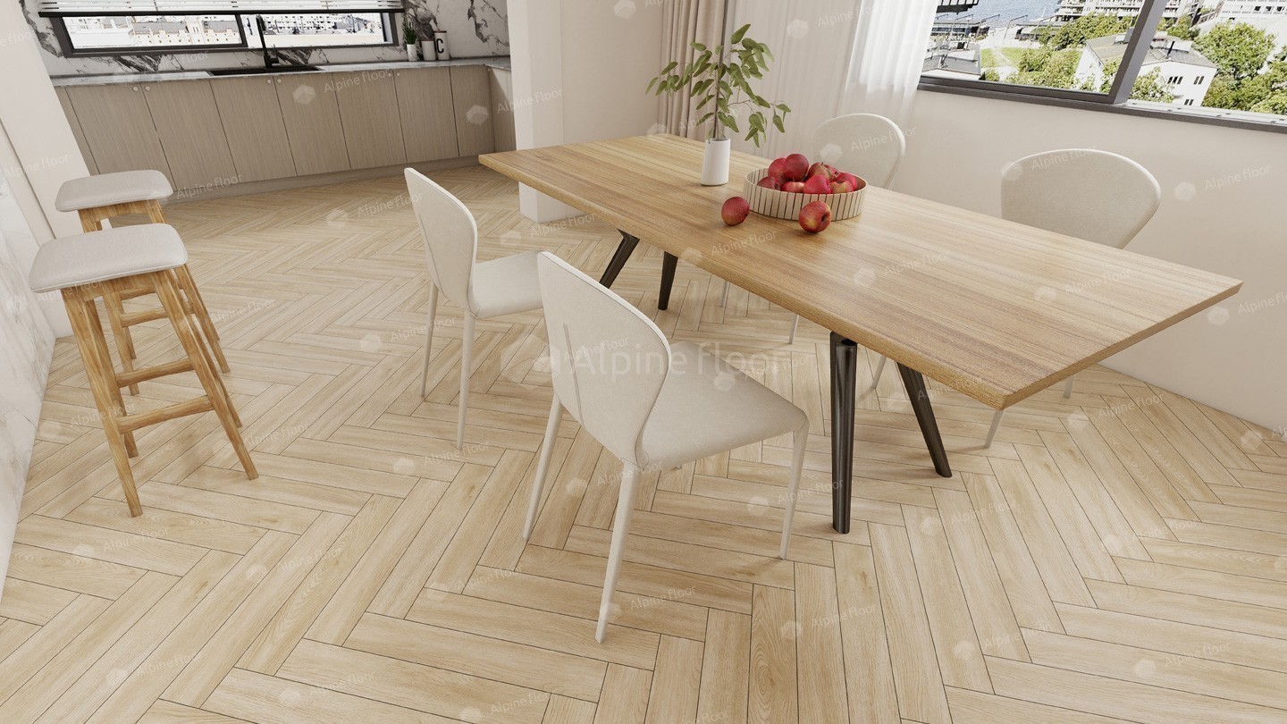 Ламинат Alpine Floor Herringbone 12 Дуб Эльба LF105-04 венгерская елка 600×100×12 фото в интерьере