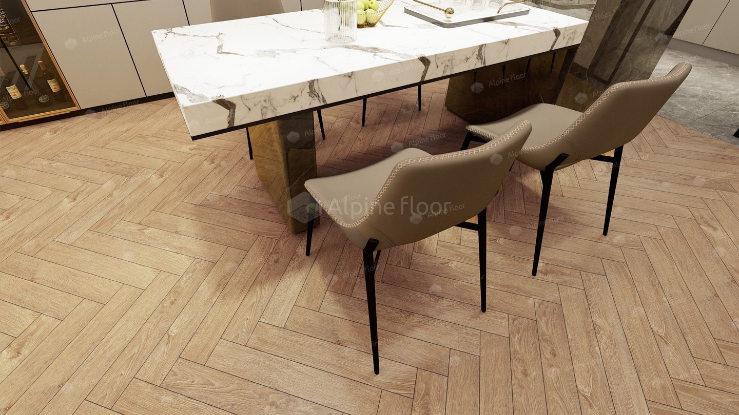Ламинат Alpine Floor Herringbone 12 Дуб Тироль LF105-07 венгерская елка 600×100×12 фото в интерьере