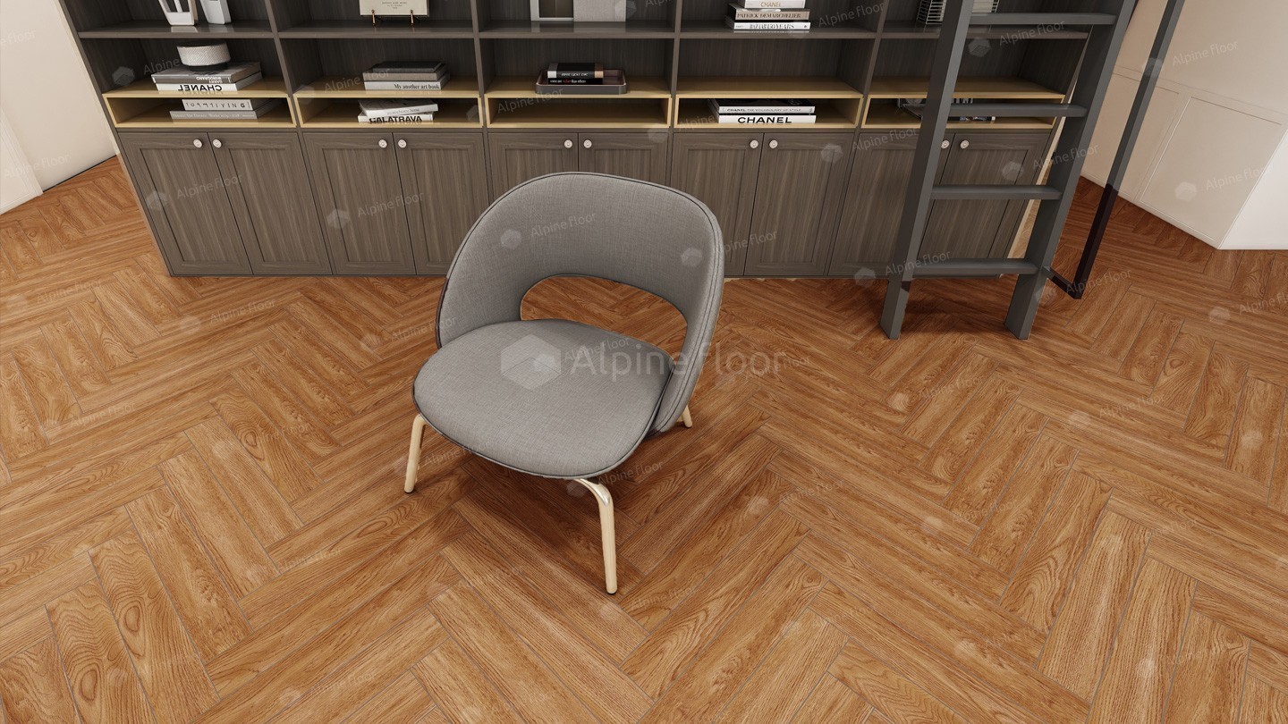 Ламинат Alpine Floor Herringbone 12 Дуб Венето LF105-10 венгерская елка 600×100×12 фото в интерьере