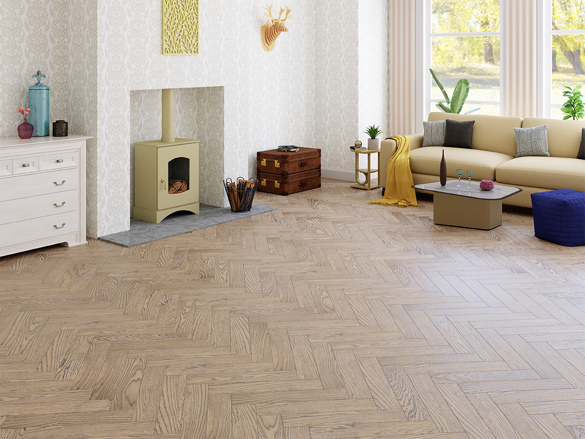 Инженерная доска Gran Parte Дуб Белло Bello 015 элит венгерская елка 550×110×15 фото в интерьере