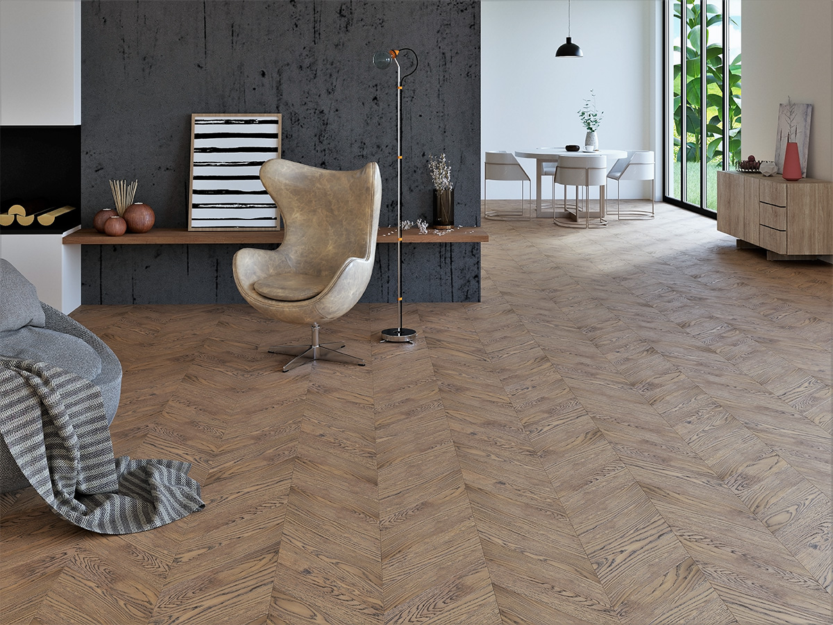 Инженерная доска Gran Parte Дуб Белло Bello 015 элит французская елка 460×110×15 фото в интерьере