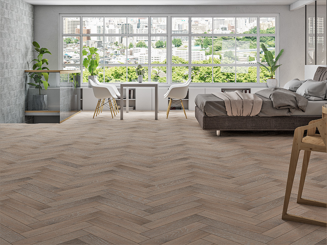 Инженерная доска Gran Parte Дуб Парма Parma 016 элит венгерская елка 550×110×15 фото в интерьере