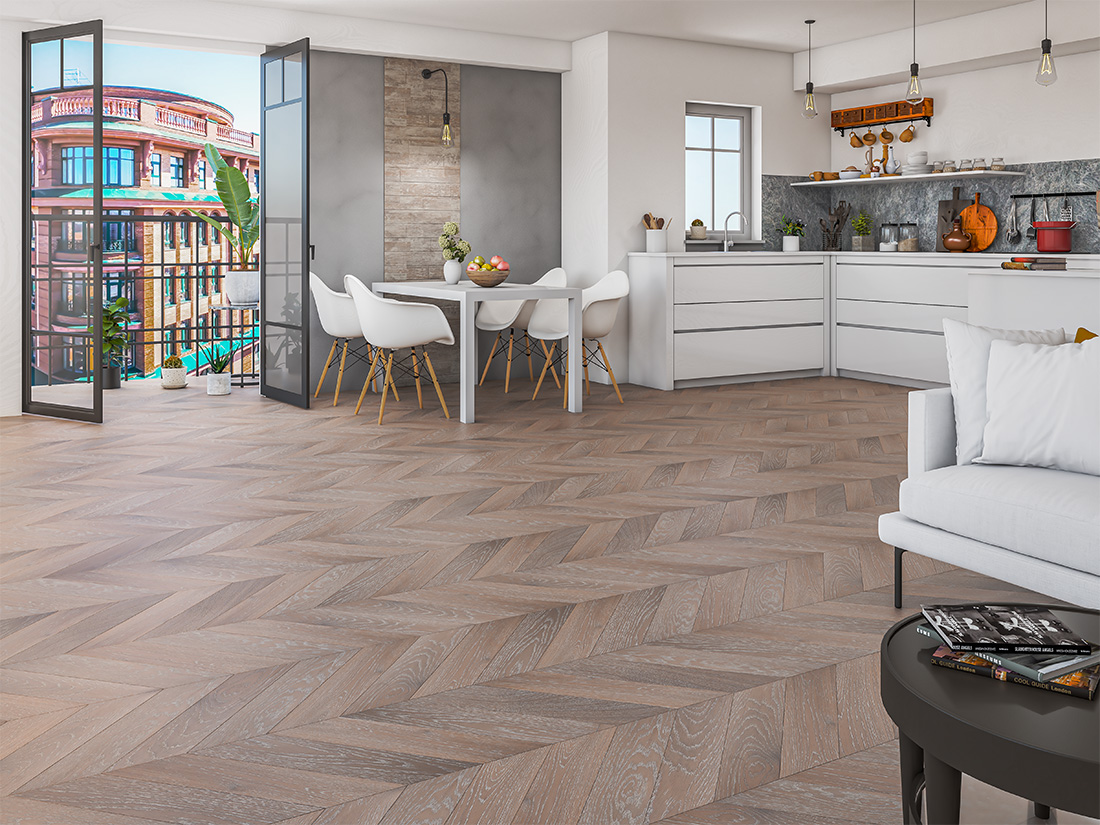 Инженерная доска Gran Parte Дуб Парма Parma 016 элит французская елка 460×110×15 фото в интерьере