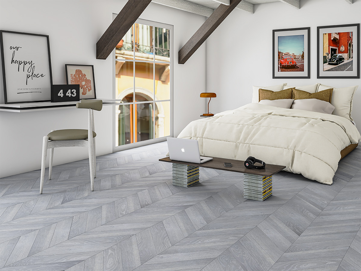 Инженерная доска Gran Parte Дуб Желато Gelato 017 элит французская елка 460×110×15 фото в интерьере