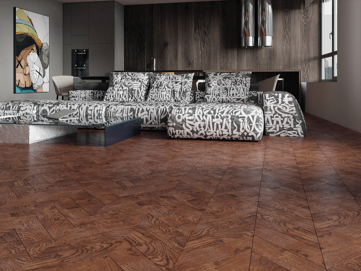 Инженерная доска Gran Parte Дуб Элеганте Elegante 030 элит французская елка 460×110×15 фото в интерьере