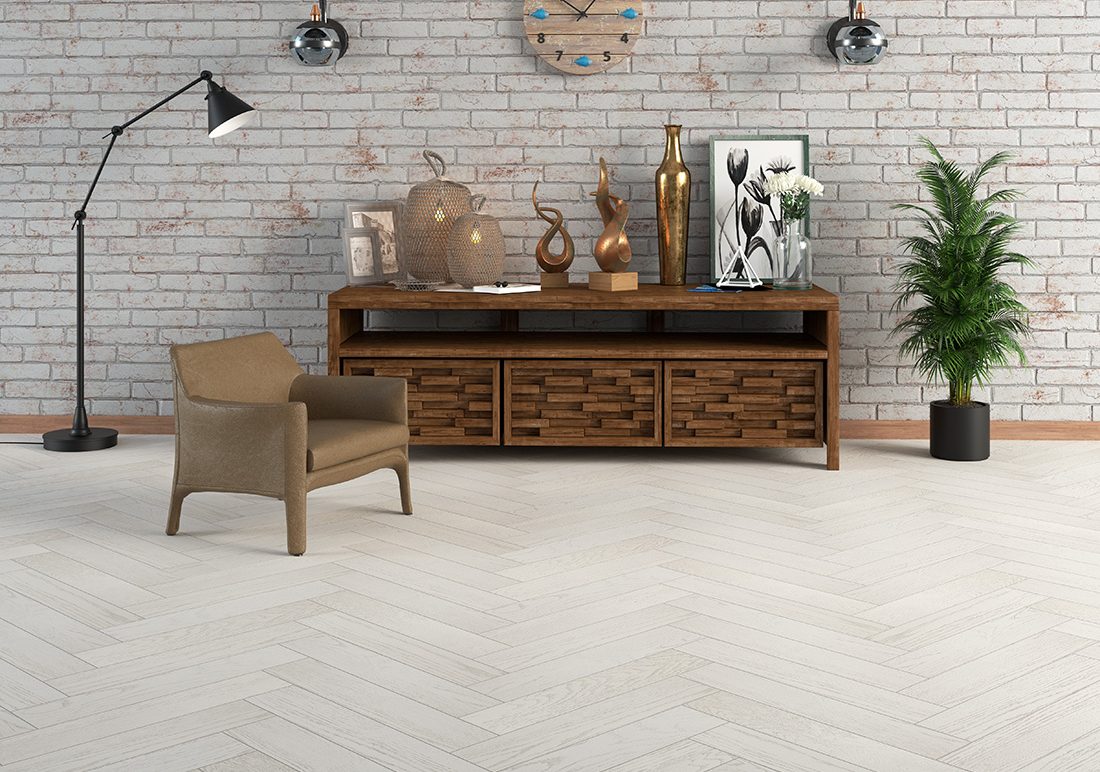 Инженерная доска Gran Parte Дуб Бианко Bianco 018 элит венгерская елка 550×110×15 фото в интерьере