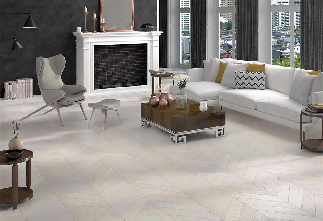 Инженерная доска Gran Parte Дуб Бианко Bianco 018 элит французская елка 460×110×15 фото в интерьере