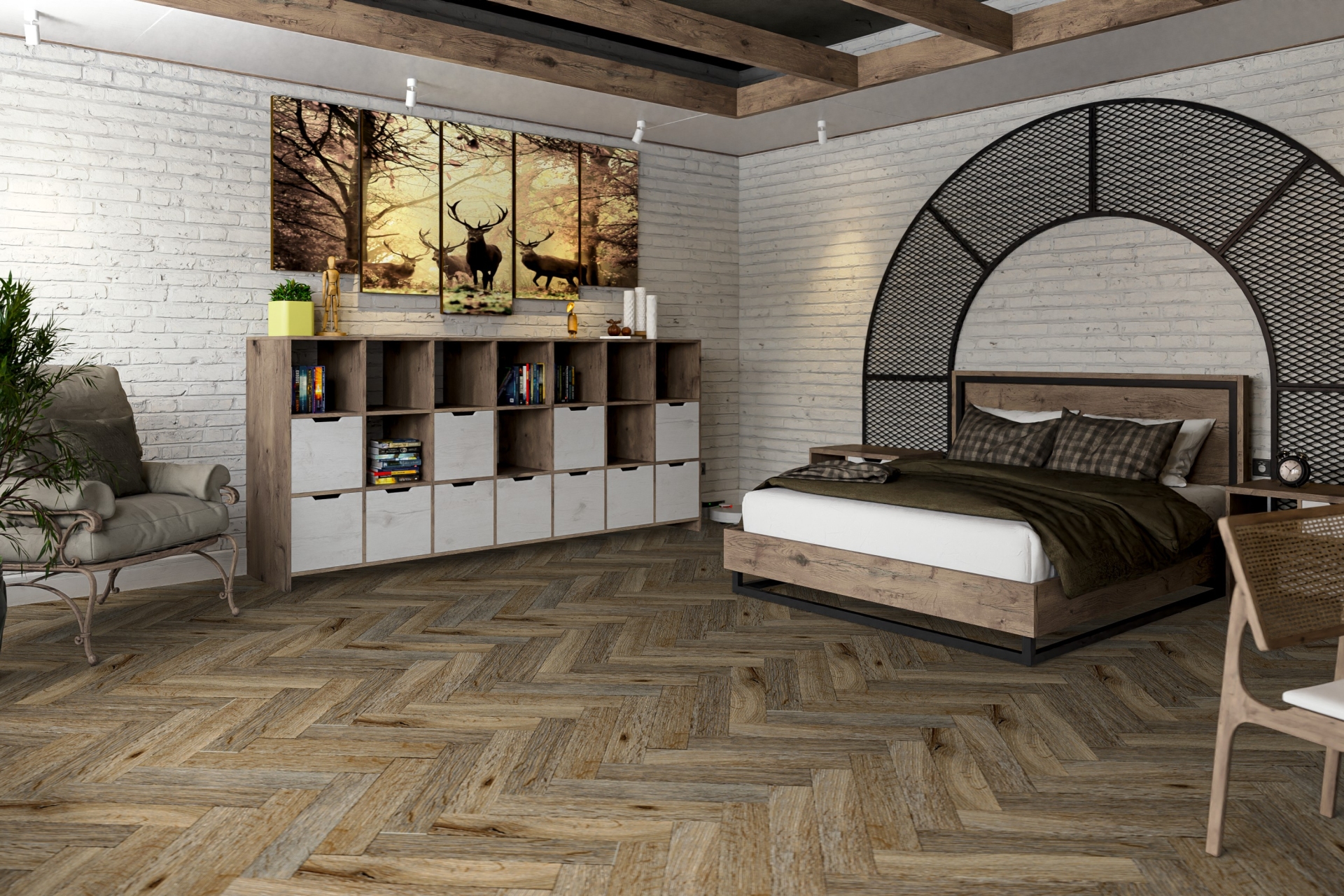 Кварцвиниловый SPC ламинат Damy Floor London Ковентри Coventry 190707EL-01 венгерская елка 615×123×4 фото в интерьере