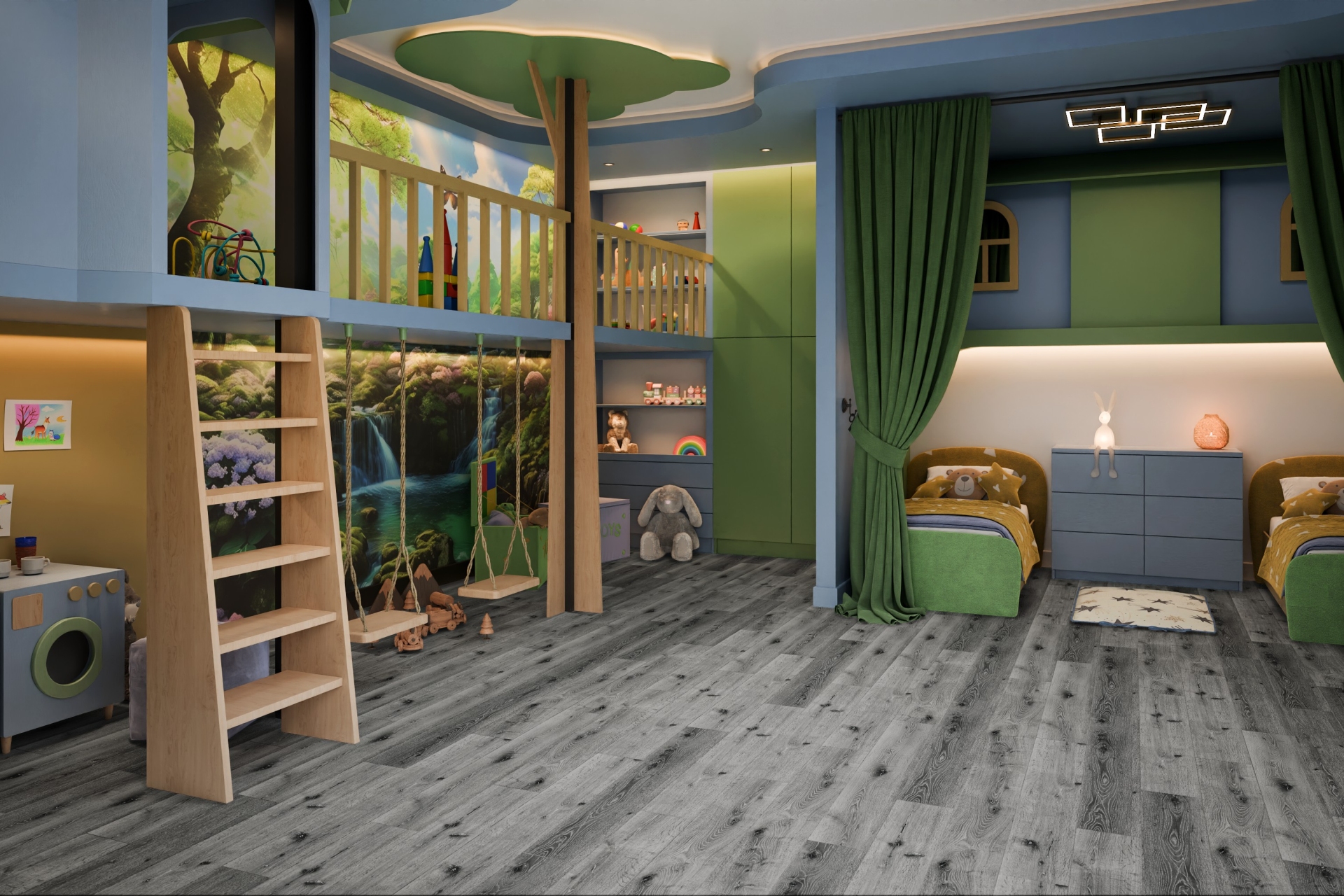 Кварцвиниловый SPC ламинат Damy Floor Family Дуб Сильвер Silver Oak T7020-23 1220×180×4 фото в интерьере