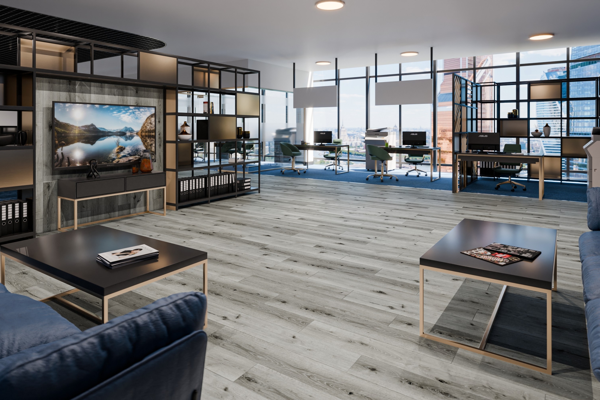 Кварцвиниловый SPC ламинат Damy Floor Family Дуб Классический Серый Classic Gray Oak T7020-2 1220×180×4 фото в интерьере